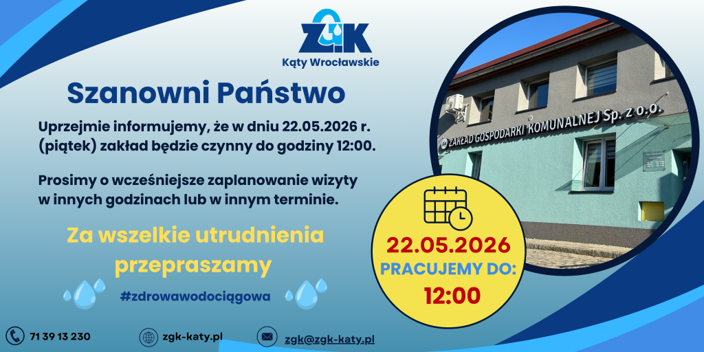 Skrócony czas pracy ZGK Sp. z o.o. w dniu 22.05.2026 do godz. 12:00