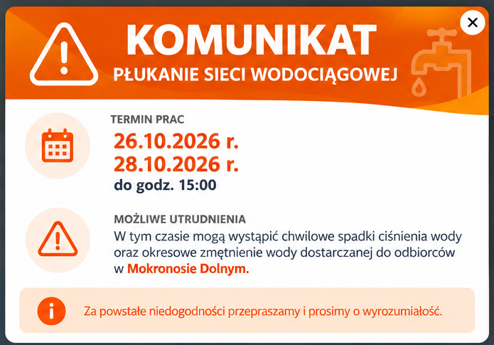 KOMUNIKAT - Płukanie sieci wodociągowej Mokronos Dolny od 26.10.2026 do 28.10.2026 do godz. 15:00